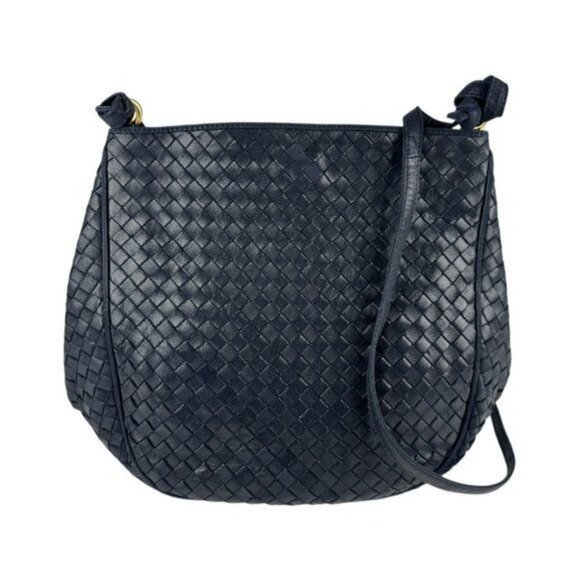 Authentic Bottega Veneta Intrecciato Nappa Shoulder Bag Purse Navy Black Leather - Picture 1 of 9
